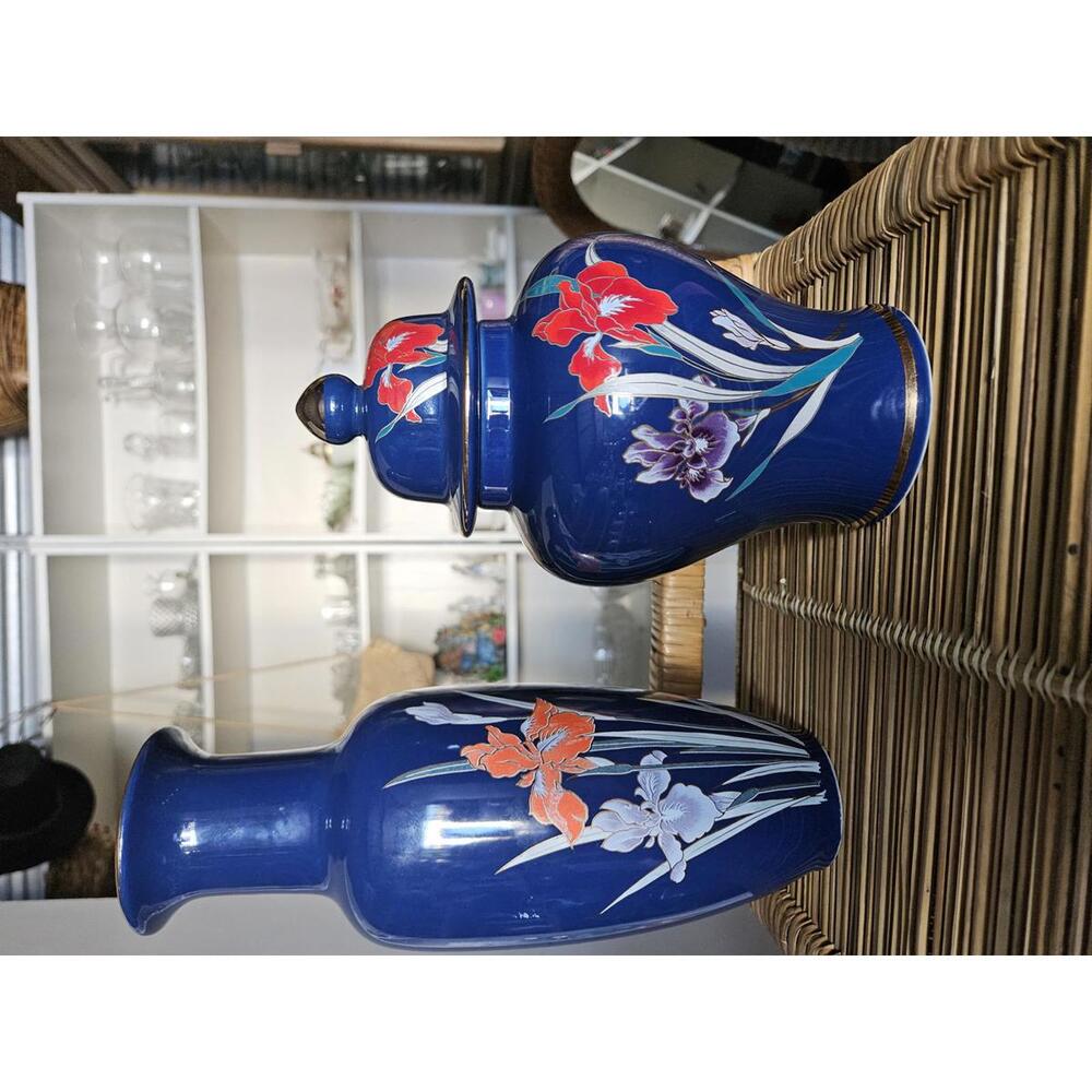 Set of Two Blue Floral Ceramic Vases